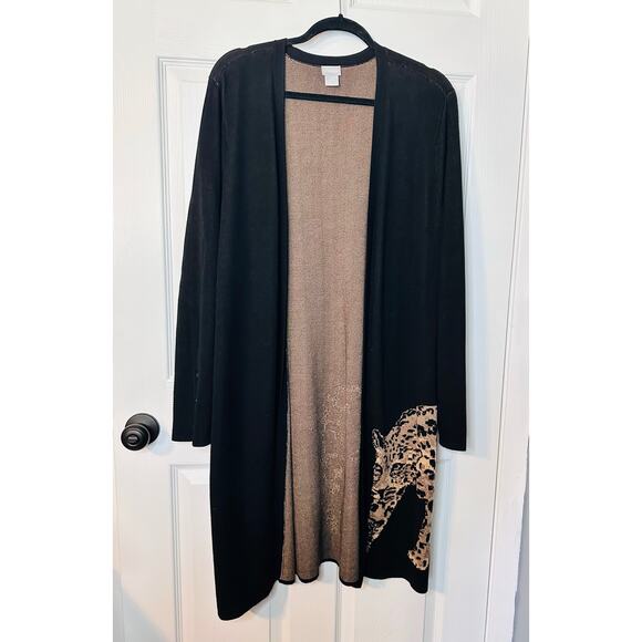 Chico's 3 Womens XL Jacquard Cheetah Maxi Cardigan Sweater Duster Classic Fit - Picture 1 of 9